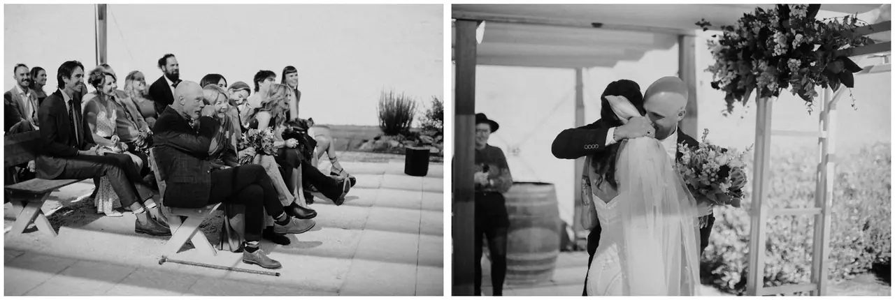 Luke & Cara at Cowbell Creek: Black and white photographs of guests and the ceremony indoors.
