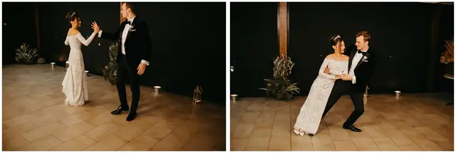Tom & Josslyn at Emirates One&Only Wolgan Valley: Two photographs of the couple dancing together at night.