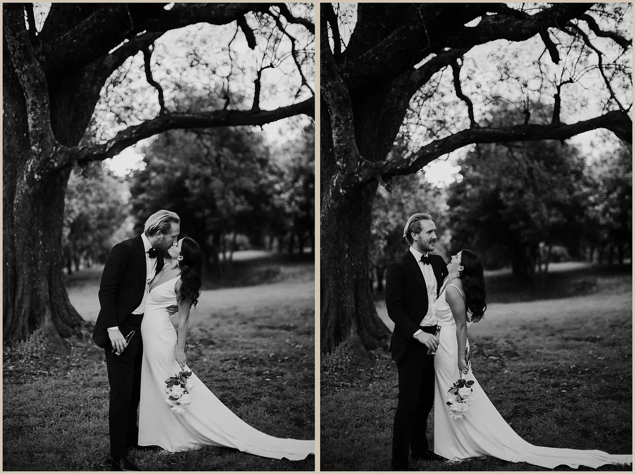 Jess & Rich at The Orchard Estate: Black and white portraits of the couple beneath a large tree.