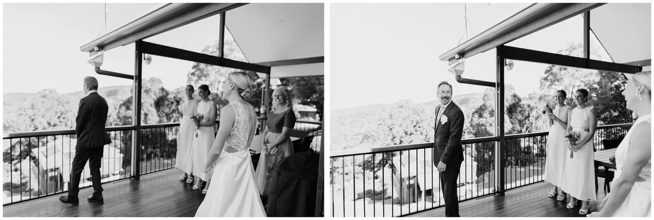 Ella & Jackson at The Woods: The bride and attendants stand on a veranda before the ceremony.