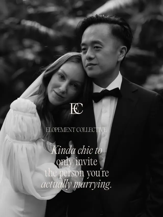 A black and white portrait of a couple on their wedding day, her head resting on his shoulder. Kinda chic to only invite the person you are actually marrying.